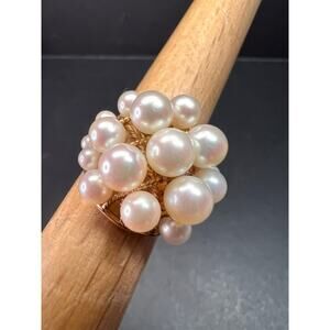 Vintage 14K Gold Cluster Pearl Cocktail Ring – Mid Century Dome Design- size 6